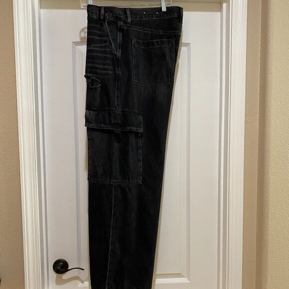 American Eagle Super High Rise Baggy Wide Leg Jeans Black Cargo Size 16 - Picture 10 of 11